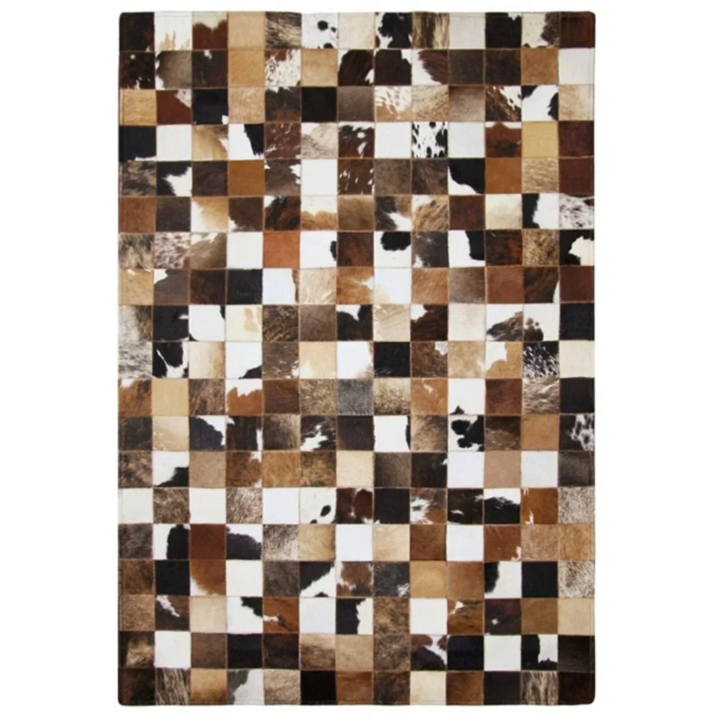 Leather Cowhide Patchwork Rug Tricolor Square Design