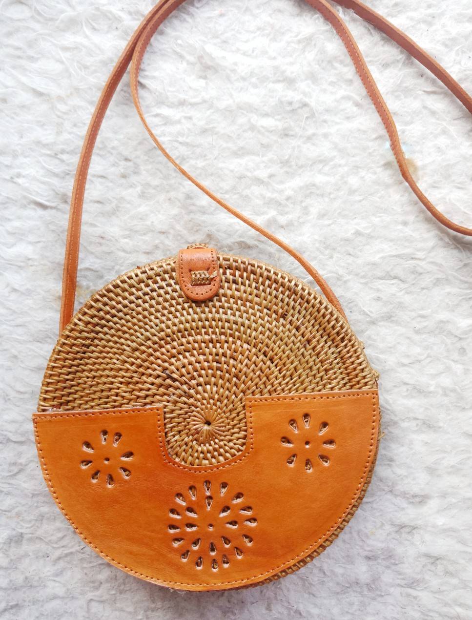 rattan round bag with leather street style