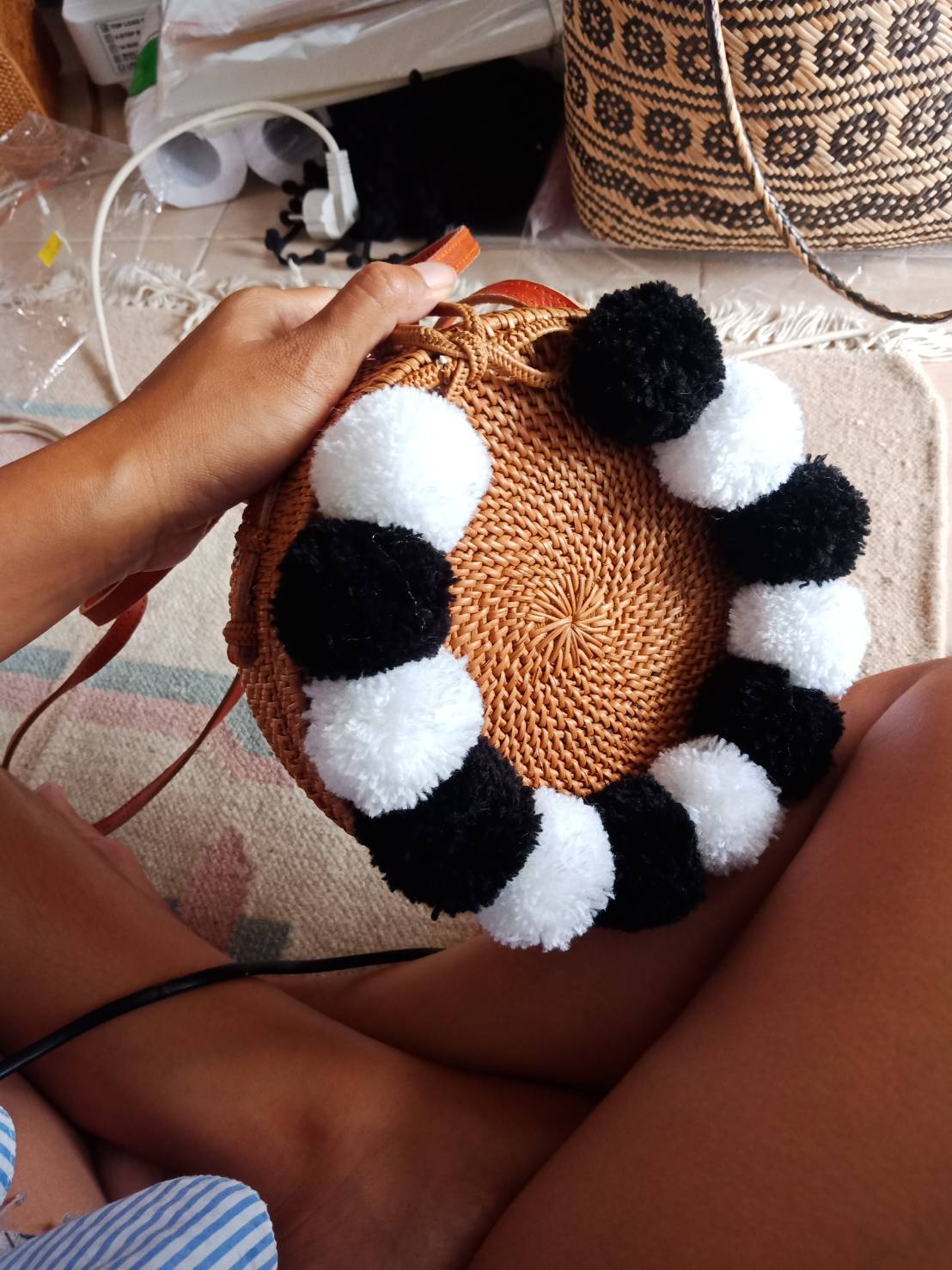 Round Rattan Bag Pompom