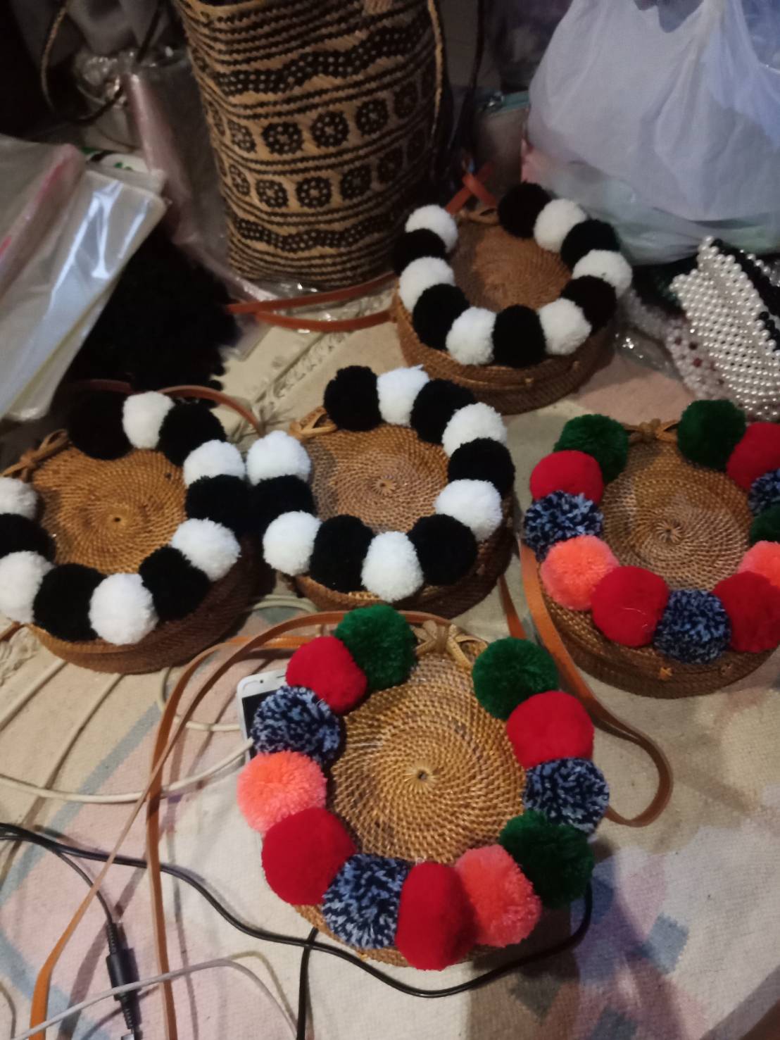 Round Rattan Bag Pompom