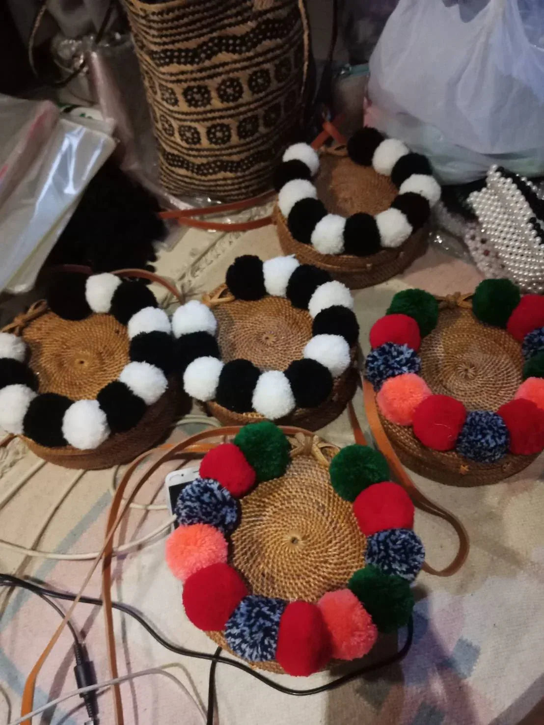 Round Rattan Bag Pompom