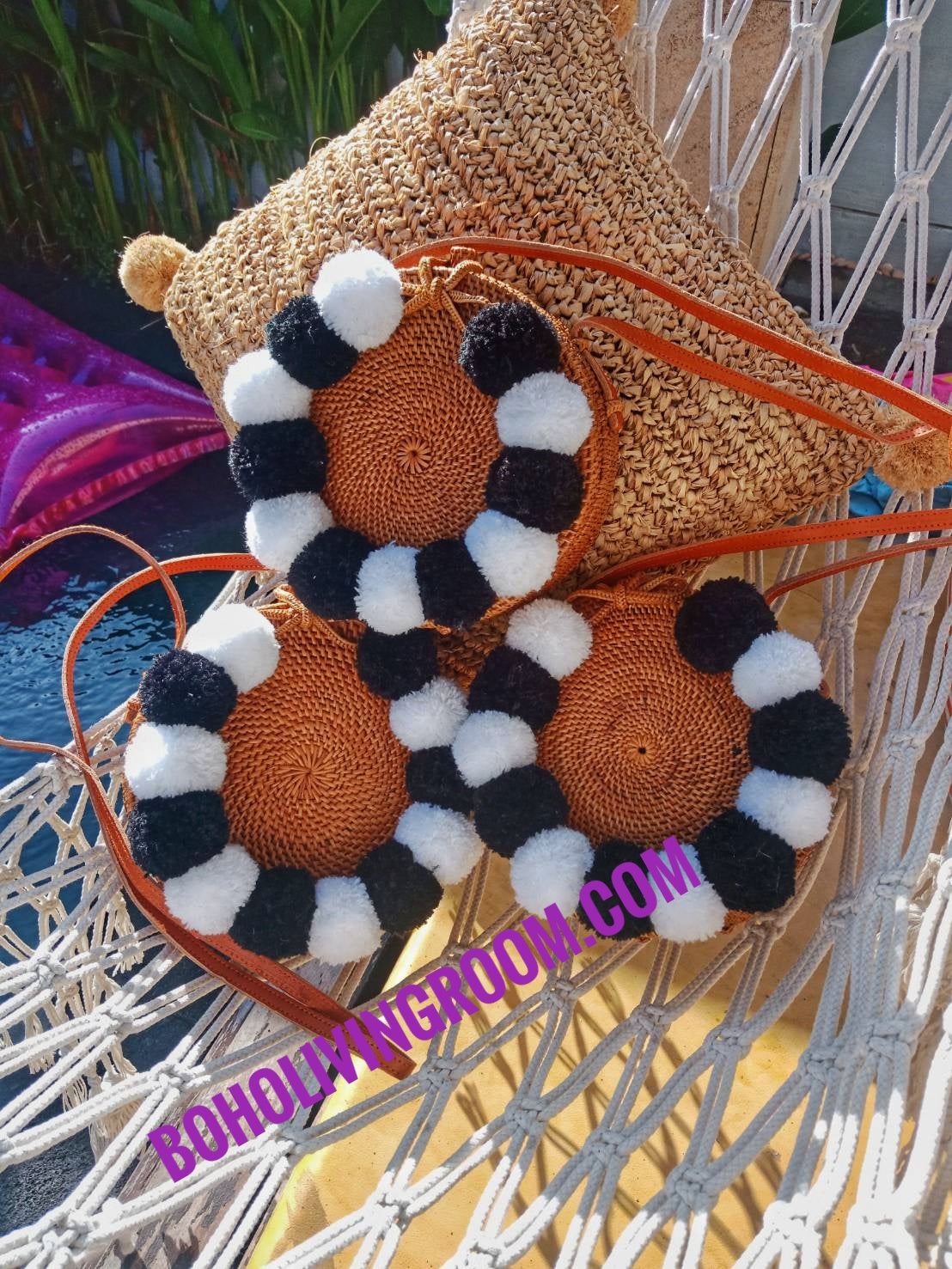 Round Rattan Bag Pompom