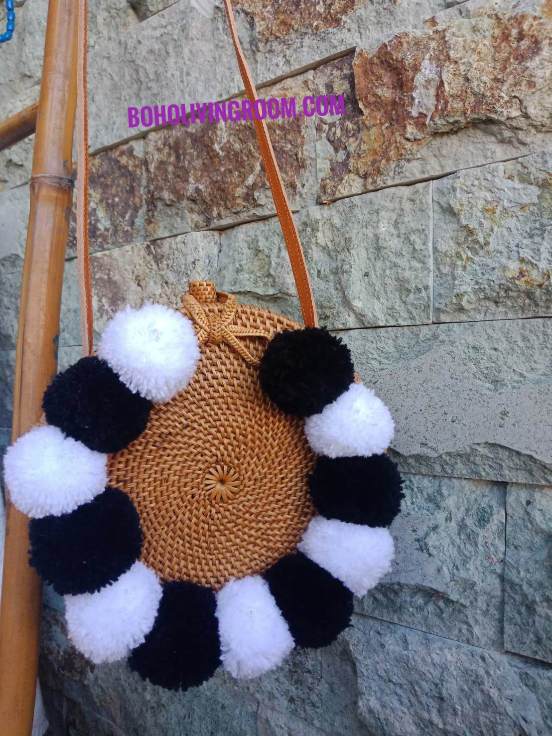 Round Rattan Bag Pompom