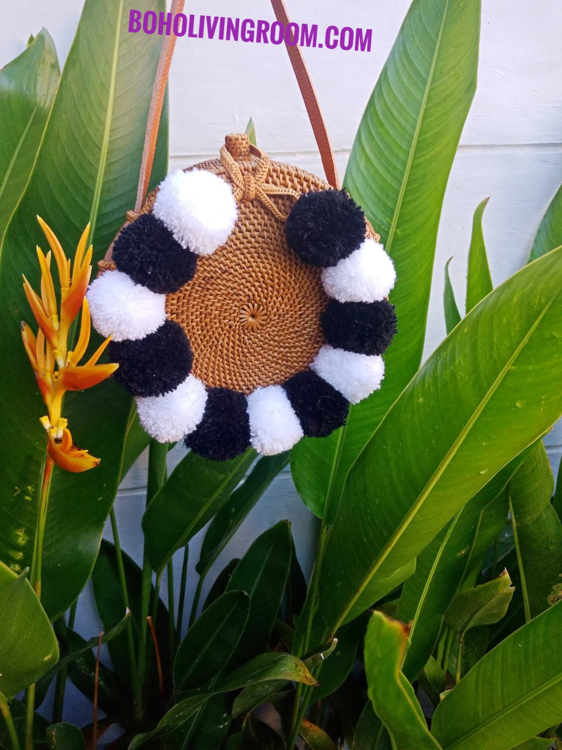 Round Rattan Bag Pompom