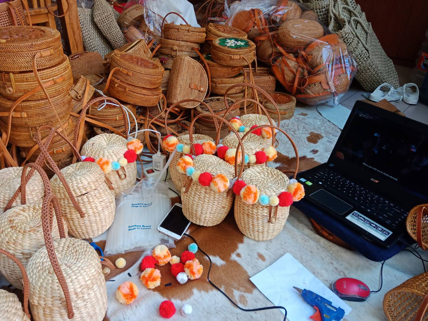 Rattan Bag Pom Pom Beach Style