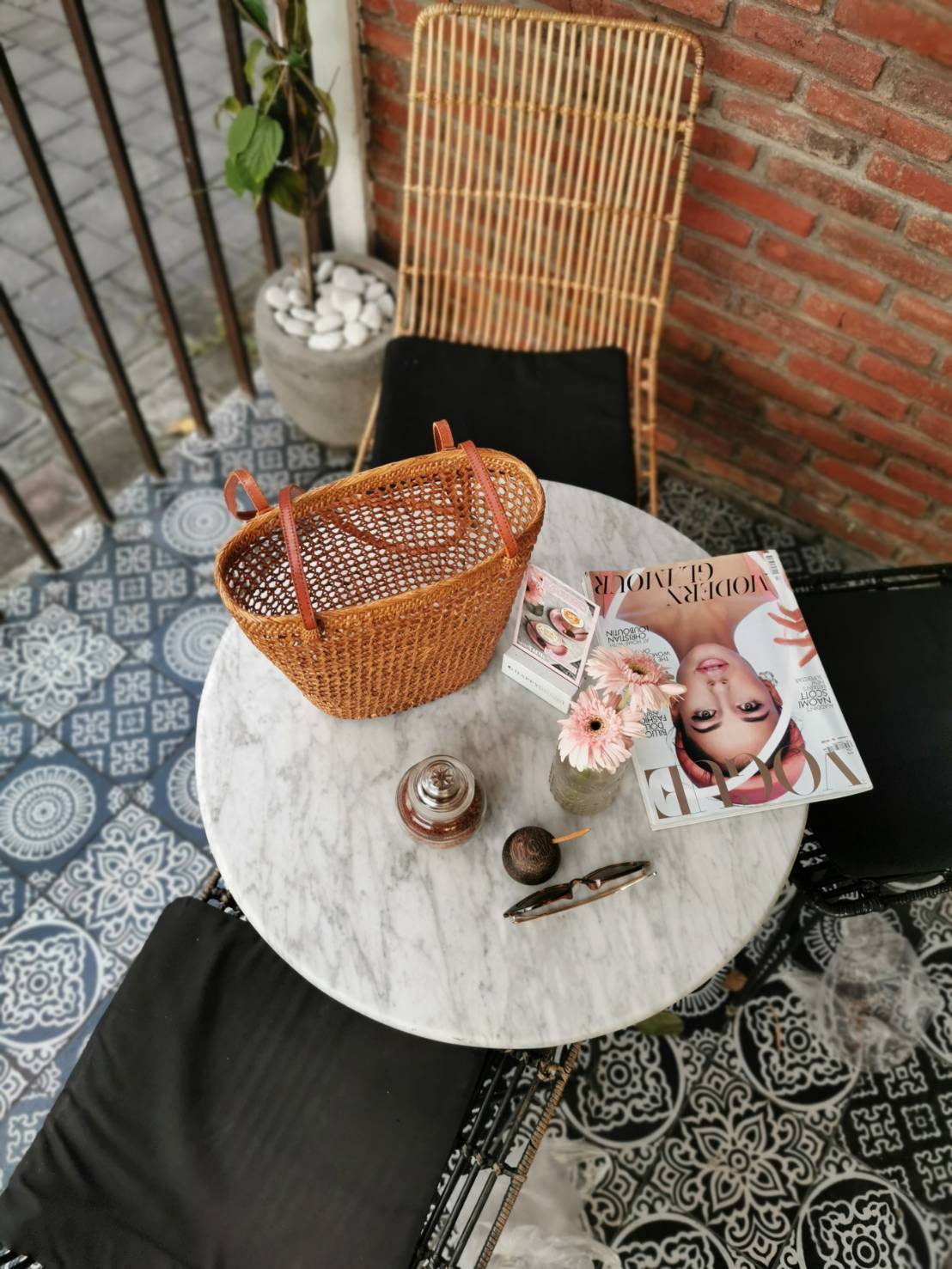 Rattan basket Bag Brown Leather Strap