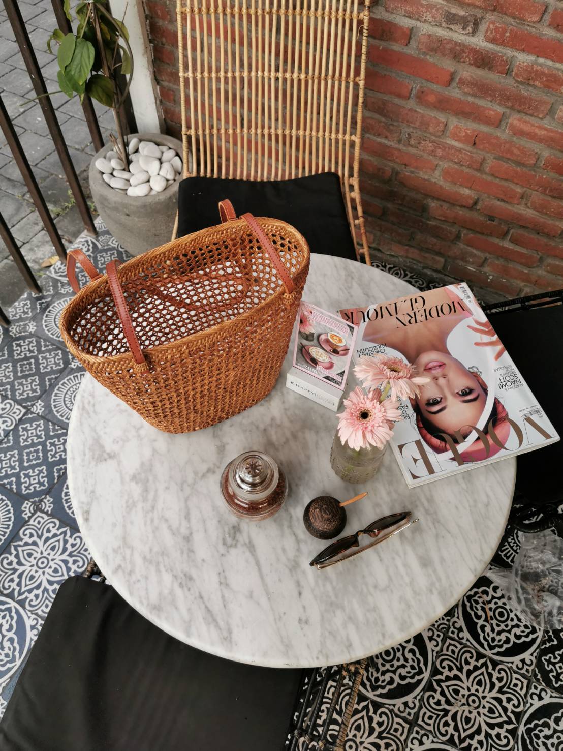 Rattan basket Bag Brown Leather Strap