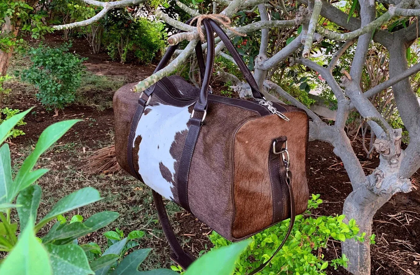 Large Cowhide Duffel Bag Brown White