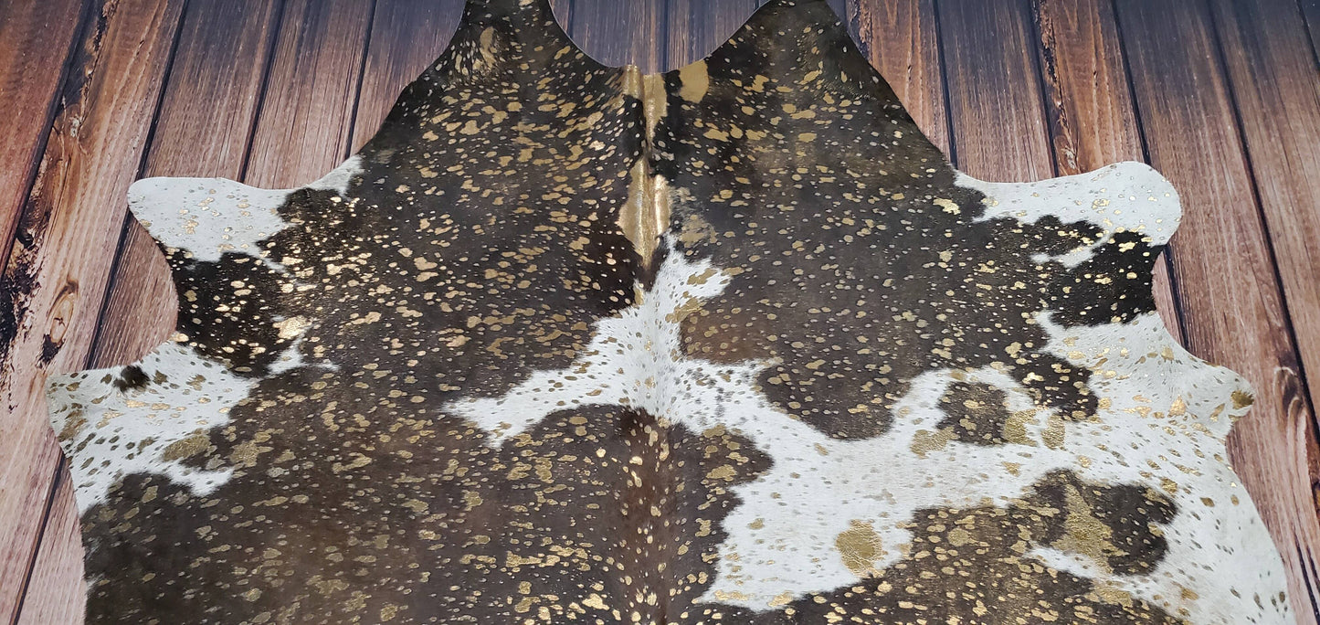 Large Beautiful Cowhide Rug With Gold 7.5ft x 6.3ft