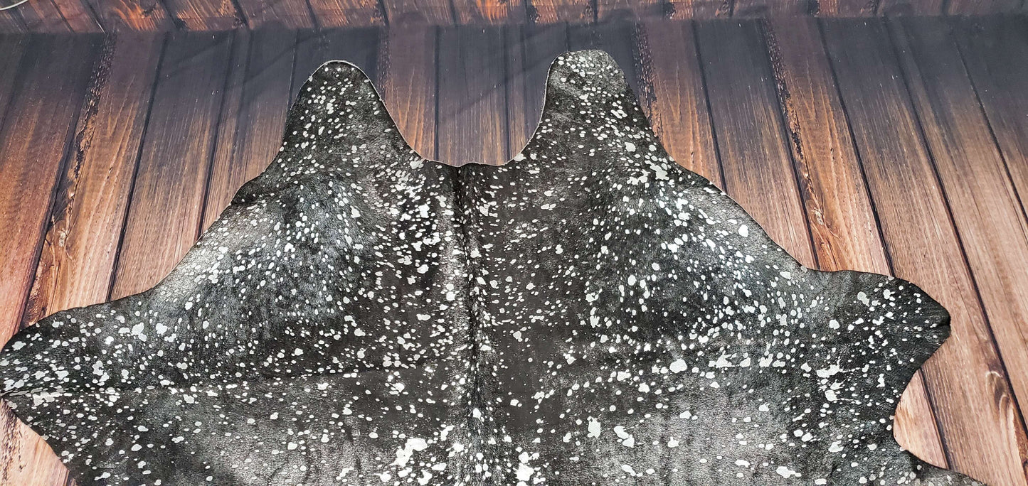 Large Black Silver Metallic Cowhide Rug 7.6ft x 6.8ft