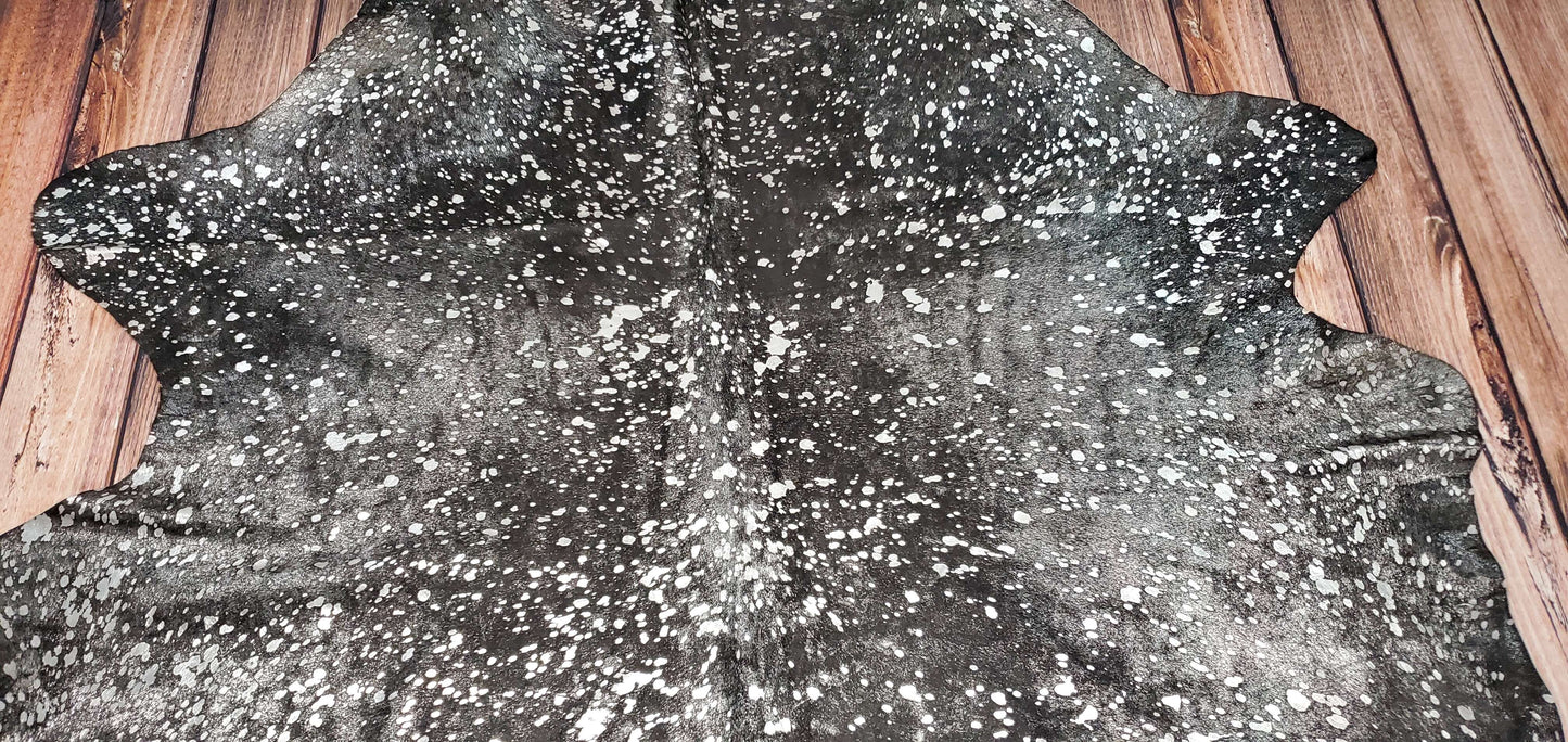 Large Black Silver Metallic Cowhide Rug 7.6ft x 6.8ft
