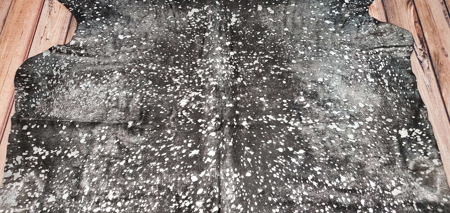 Large Black Silver Metallic Cowhide Rug 7.6ft x 6.8ft