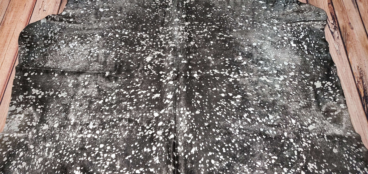 Large Black Silver Metallic Cowhide Rug 7.6ft x 6.8ft
