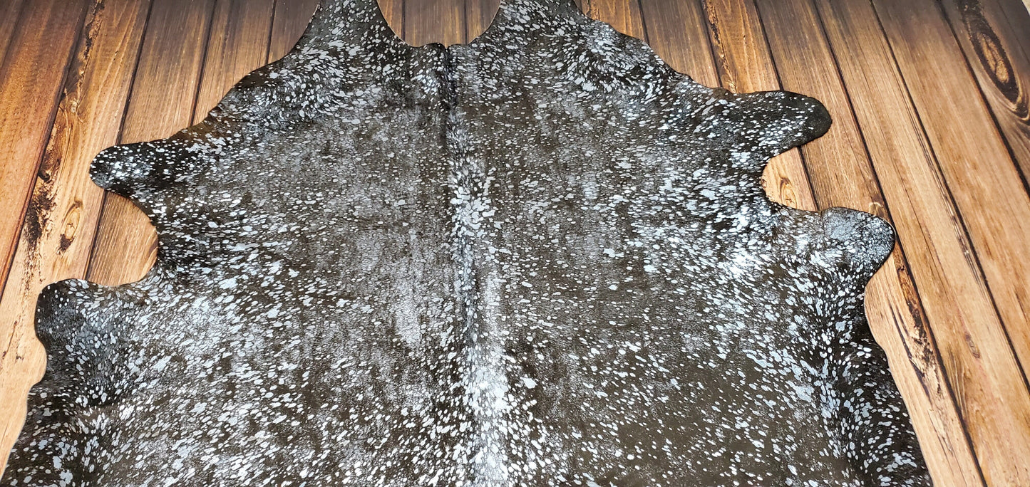 Exotic Cowhide Rug Silver Metallic On Black 7.5ft x 6.3ft