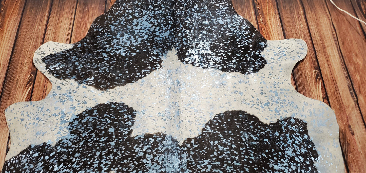 Blue Metallic On Black White Cowhide Rug 7.3ft x 5.6ft