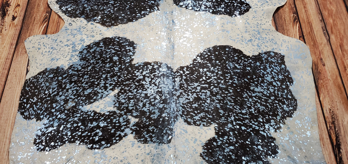 Blue Metallic On Black White Cowhide Rug 7.3ft x 5.6ft