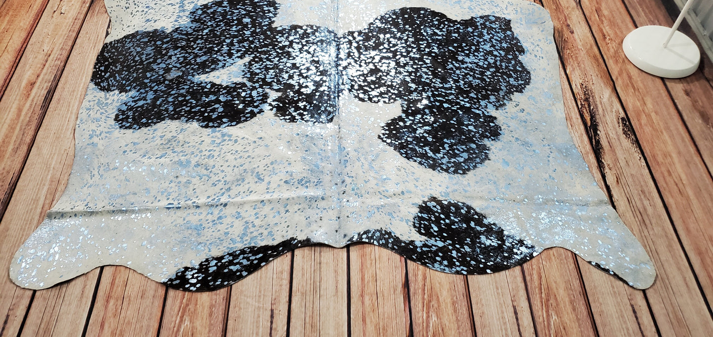 Blue Metallic On Black White Cowhide Rug 7.3ft x 5.6ft