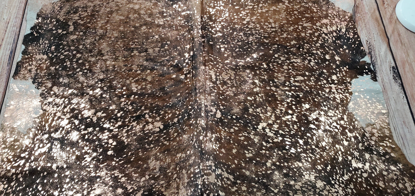 Metallic Gold On Dark Cowhide Rug 7ft x 6.5ft