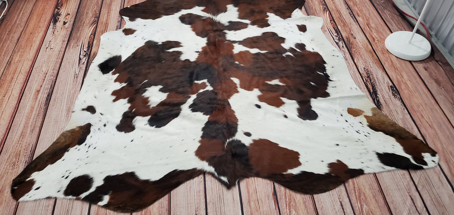 Large Tricolor Brazilian Cowhide Rug 6.6ft X 6.5ft