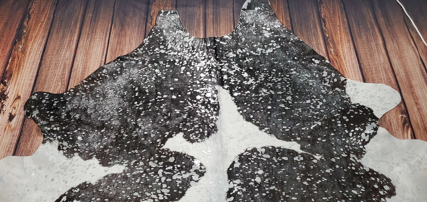 Metallic Cowhide Rug Silver On Black And White 7.5ft x 6.9ft