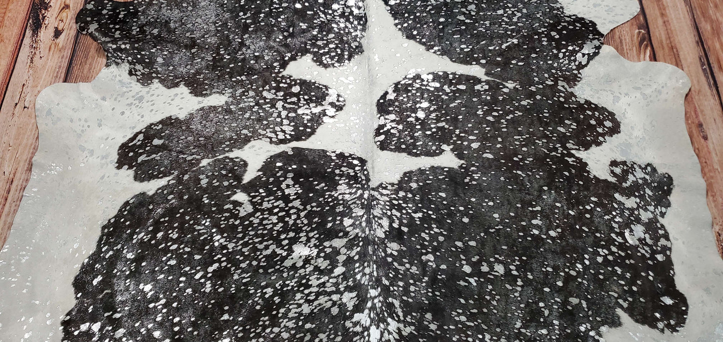 Metallic Cowhide Rug Silver On Black And White 7.5ft x 6.9ft