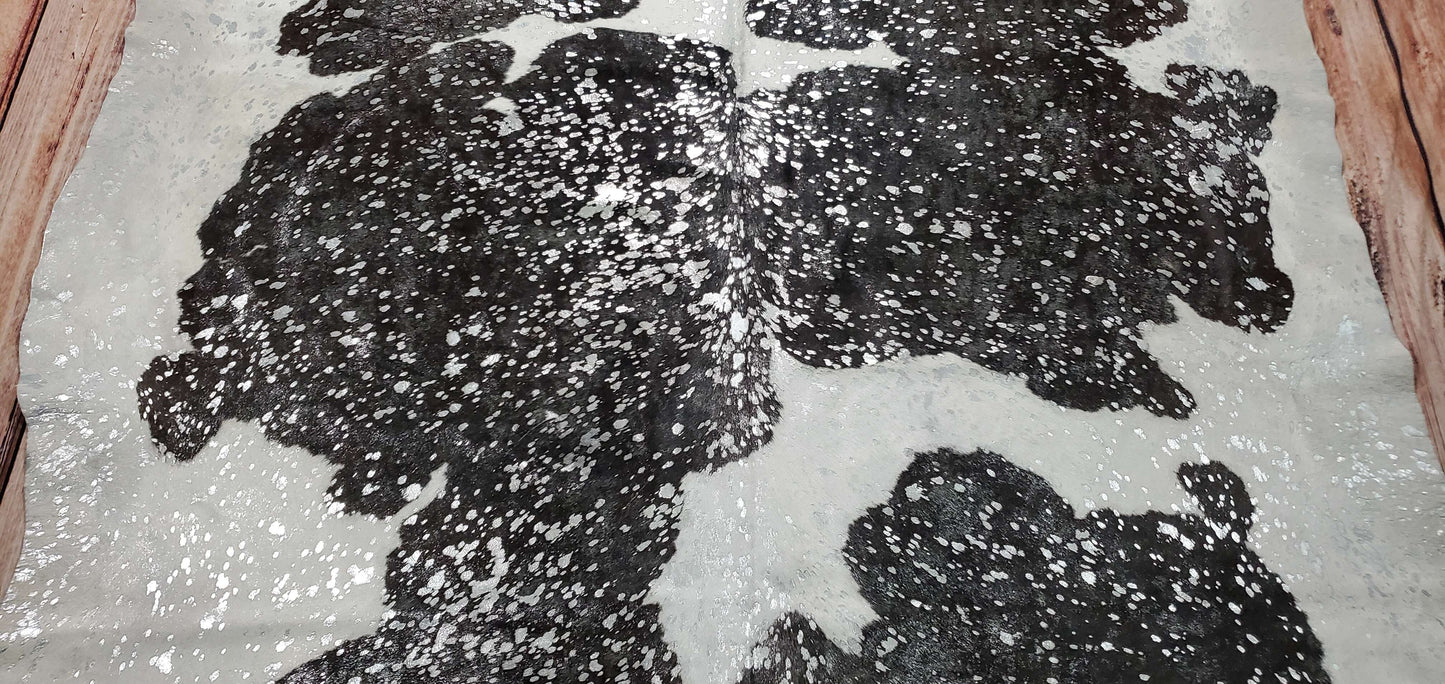 Metallic Cowhide Rug Silver On Black And White 7.5ft x 6.9ft