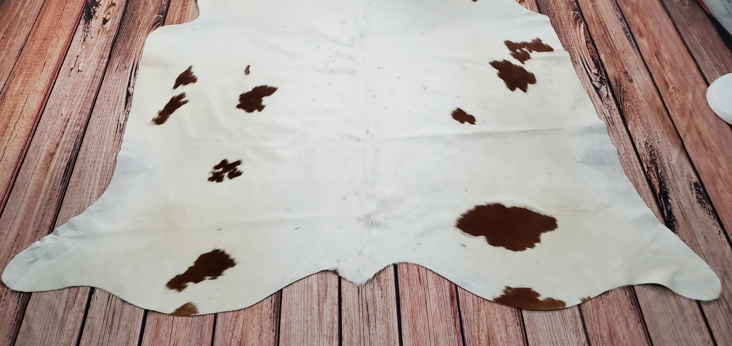 White Brown Cowhide Rug 6.6ft x 6.2ft