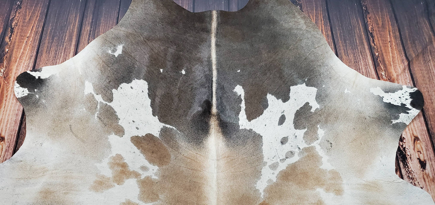 Large Tricolor Cowhide Rug Brazilian 7.5ft x 6.3ft