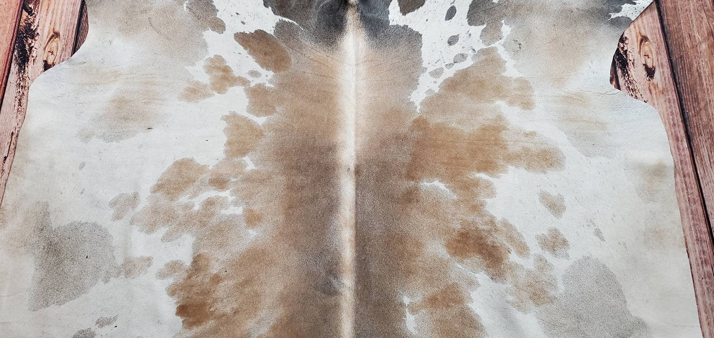 Large Tricolor Cowhide Rug Brazilian 7.5ft x 6.3ft