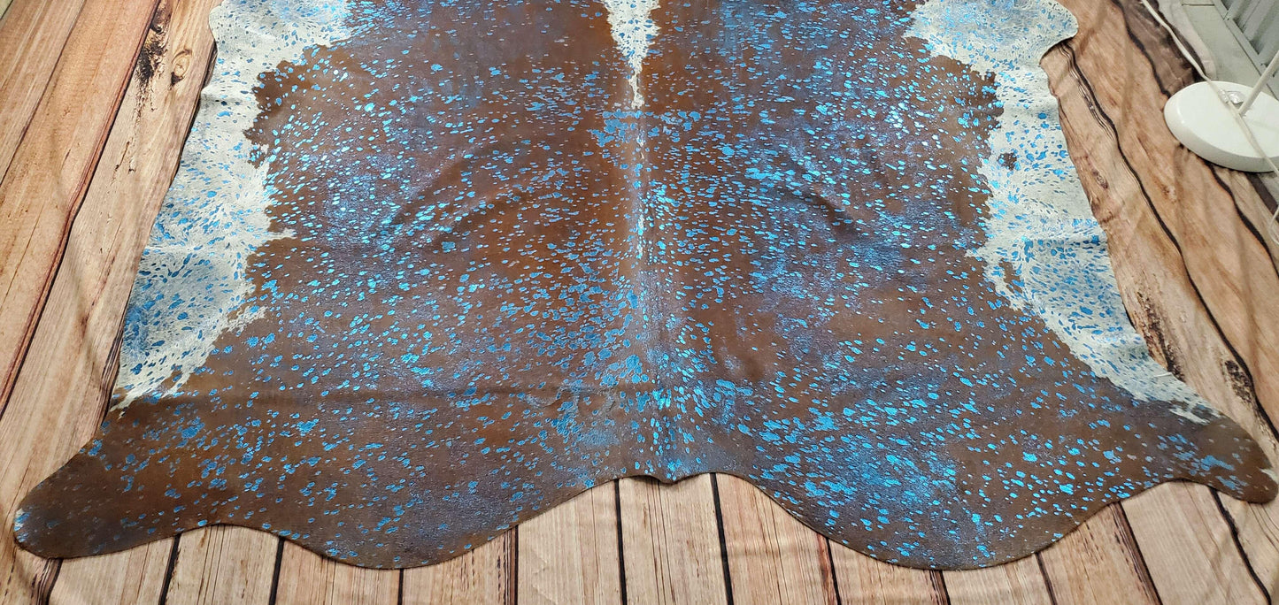 Blue Turquoise on Dark Cowhide Rug 7.3ft x 5.8ft