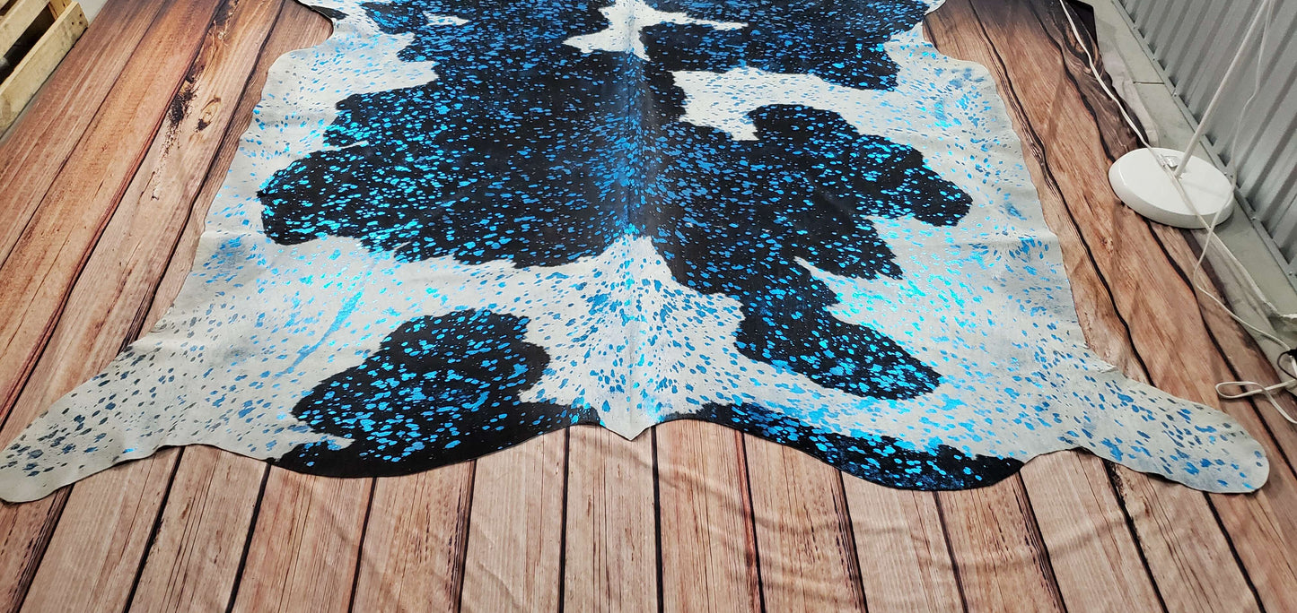 Brazilian blue turquoise cowhide rug 6.6ft x 6.1ft