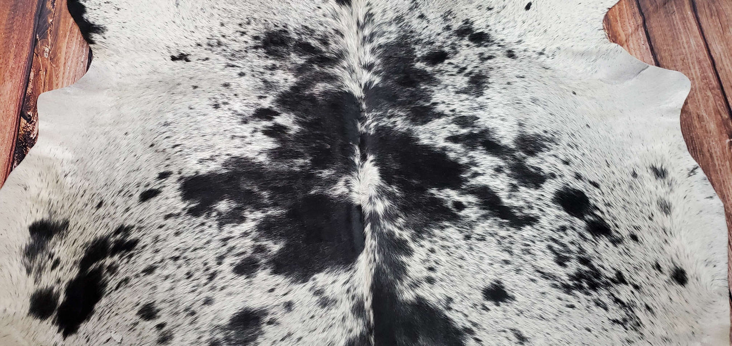 Large Speckled Black White Cowhide Rug 7.1ft x 6.9ft