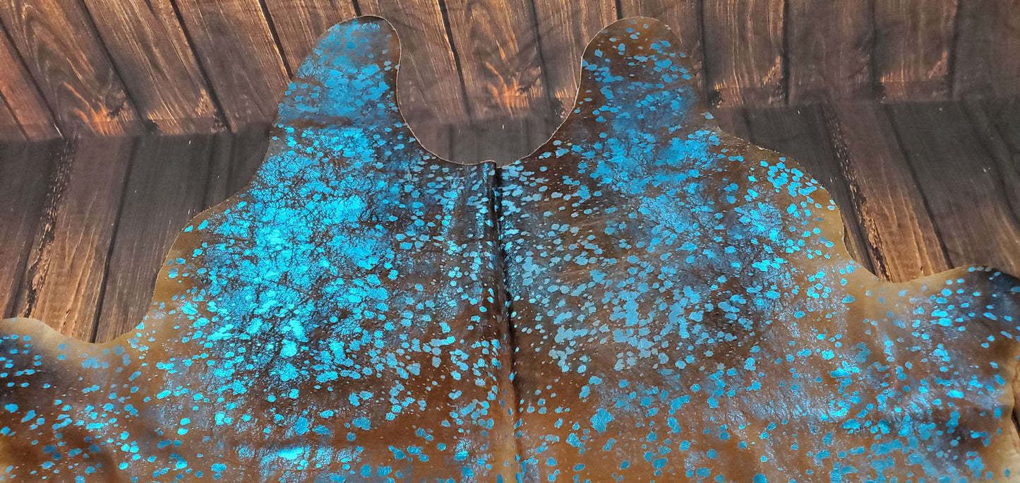 Metallic Turquoise Cowhide Rug 7.5ft x 6ft