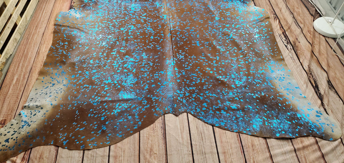 Metallic Turquoise Cowhide Rug 7.5ft x 6ft