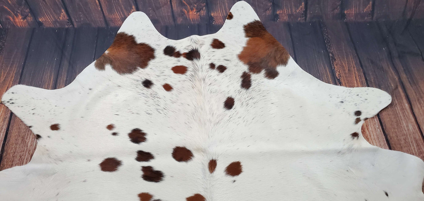 Large Brown White Spotted Cowhide Rug 7ft x 6.4ft