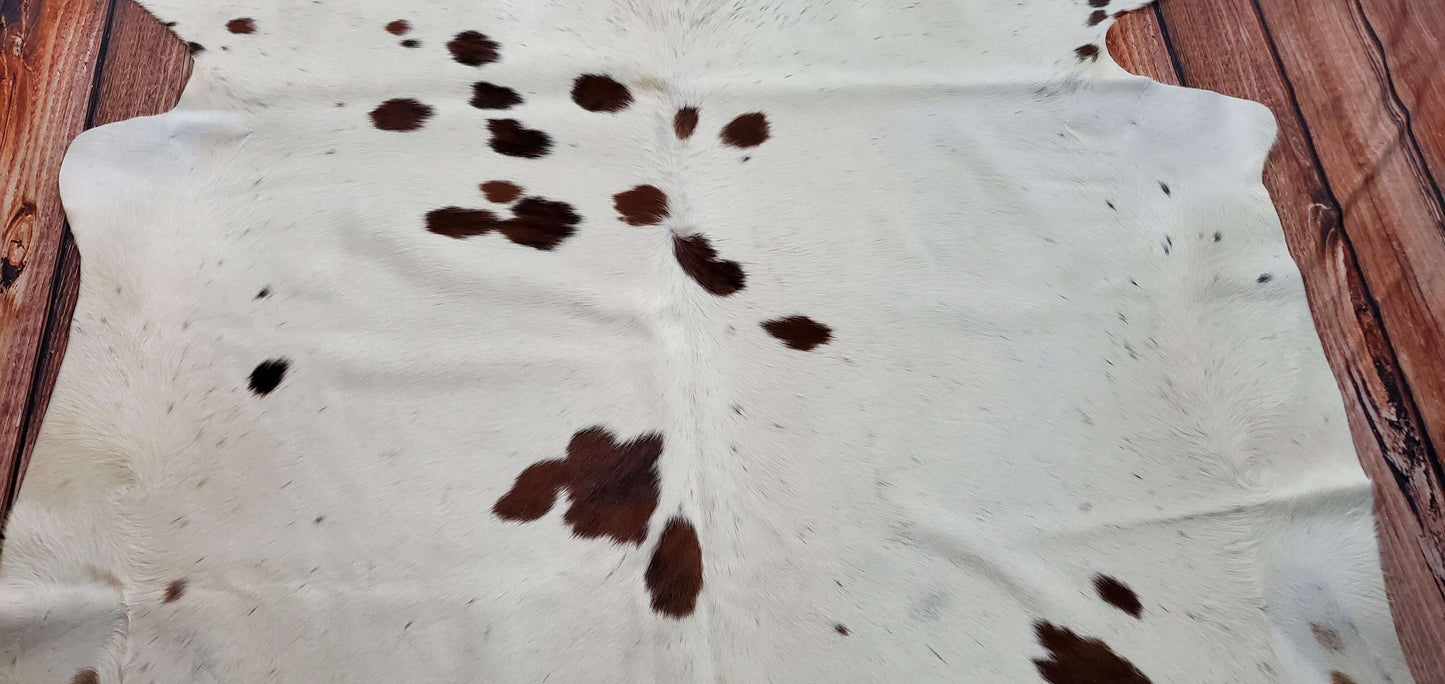 Large Brown White Spotted Cowhide Rug 7ft x 6.4ft