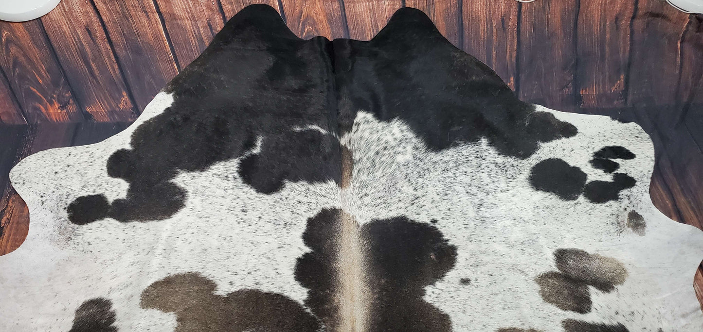 Large Cowhide Rug Dark Grey White 7.5ft x 7ft
