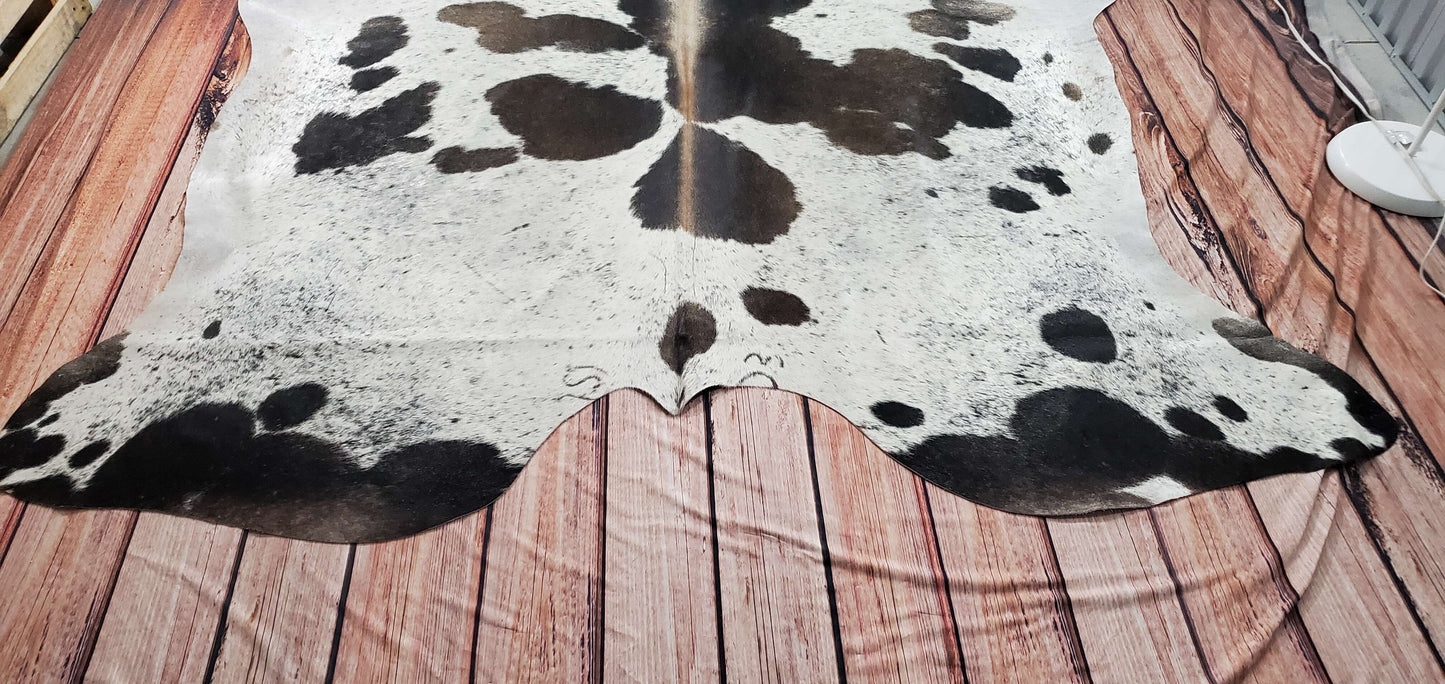 Large Cowhide Rug Dark Grey White 7.5ft x 7ft