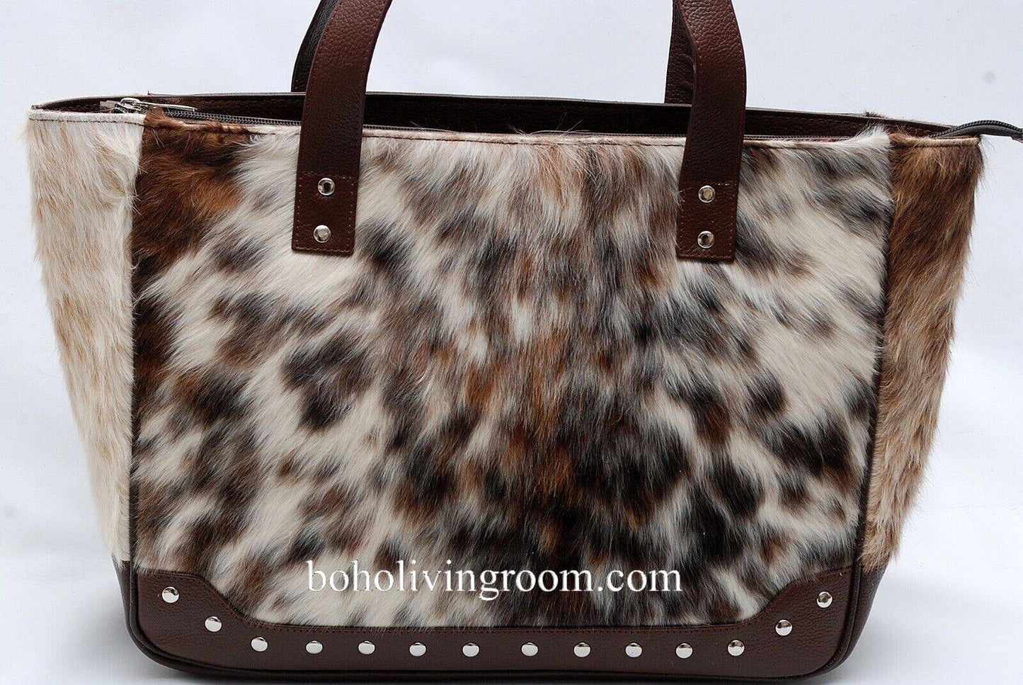 Spotted Cowhide Tote Bag with Brown Leather Back and Handles