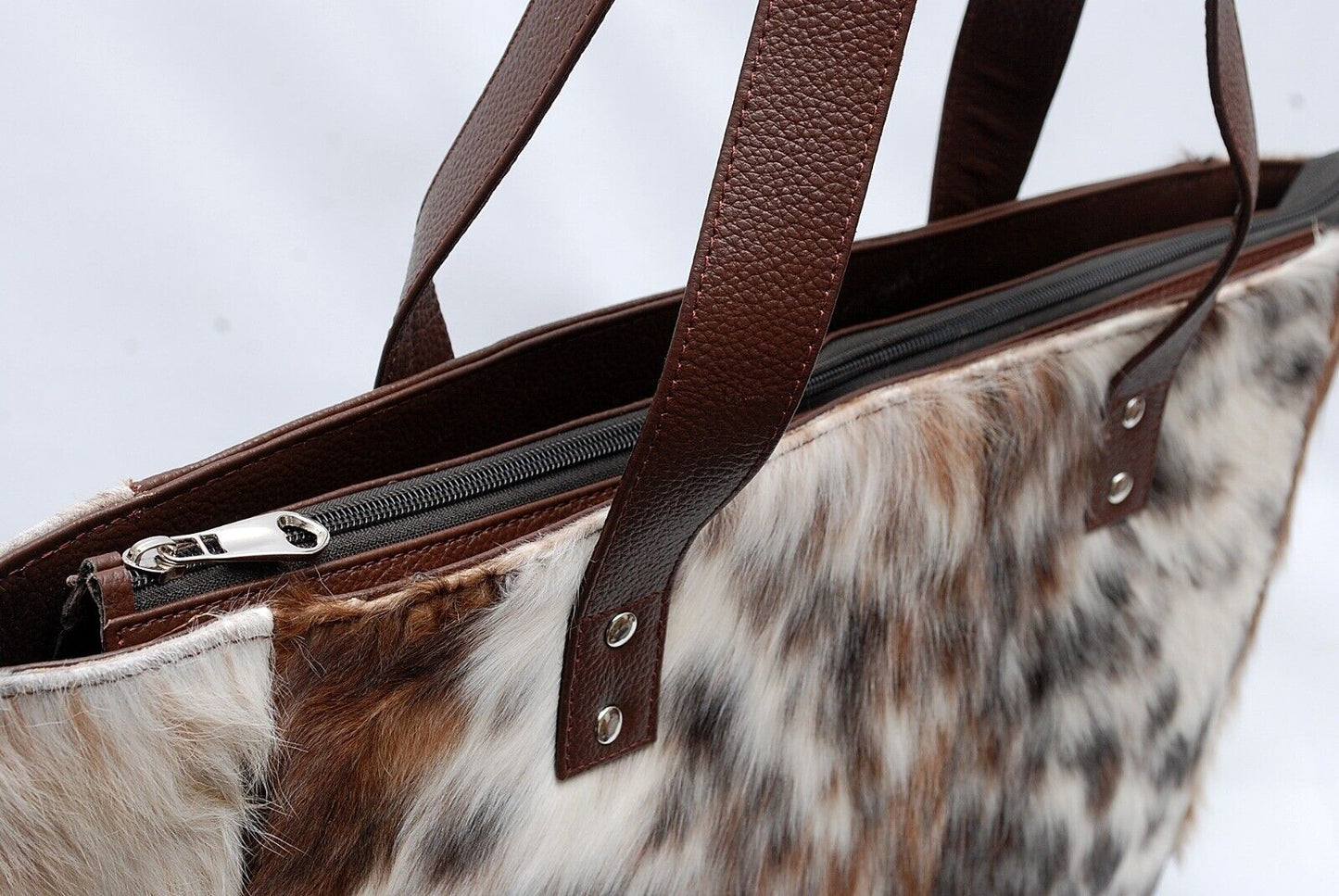 Spotted Cowhide Tote Bag with Brown Leather Back and Handles