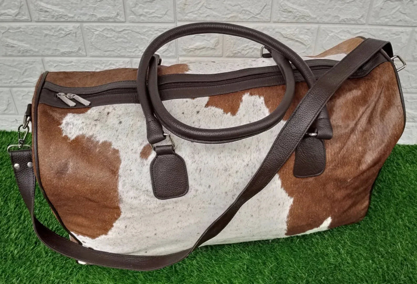 Brown White Cowhide Duffel Bag