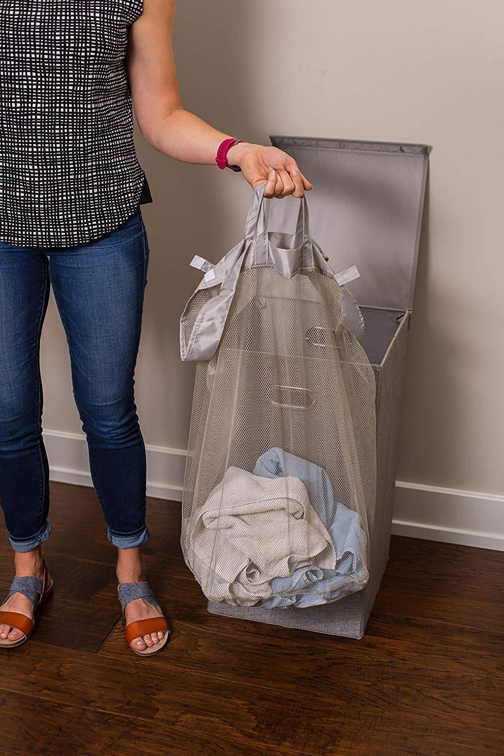 Home Double Laundry Hamper with Lid and Removable Liners | Linen | Easily Transport Laundry | Foldable Hamper | Cut Out Handles