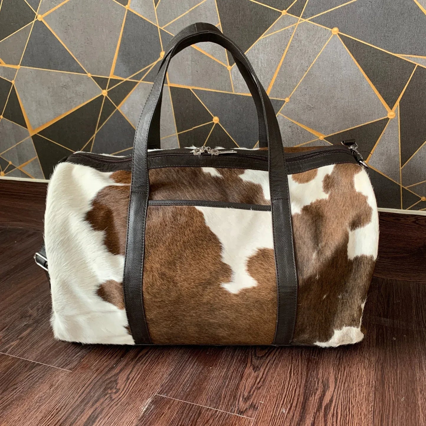 Cowhide Duffel Bag Brown White Overnight Travel Duffle