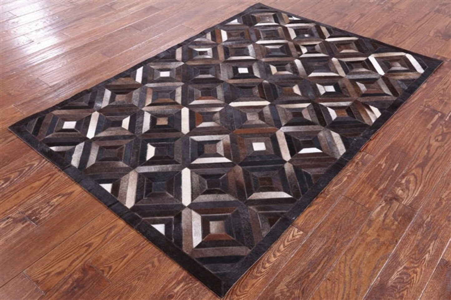 Cowhide Patchwork Rug Natural Black Brown Diamond Design