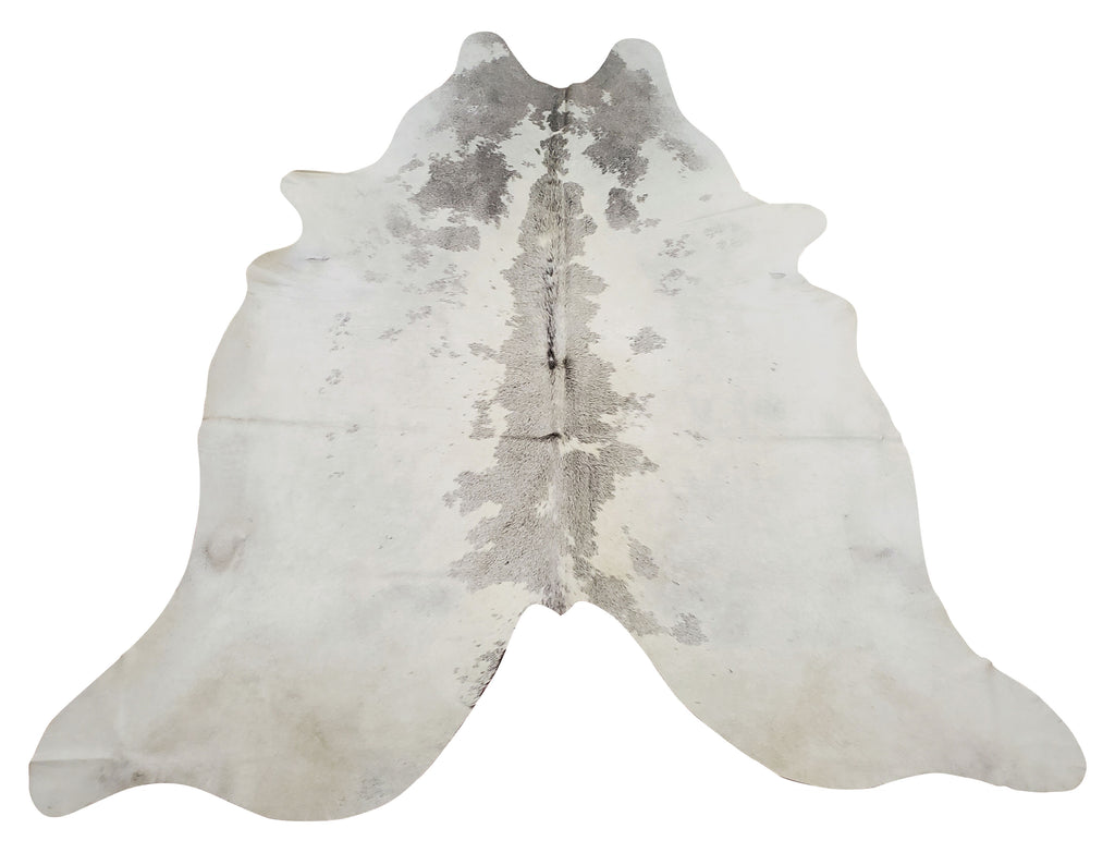 What a gorgeous statement piece, this large grey and white cowhide rug is one of a kind, the speckled marking in gray with stripes and white background gives an exotic effect to this cowhide. 