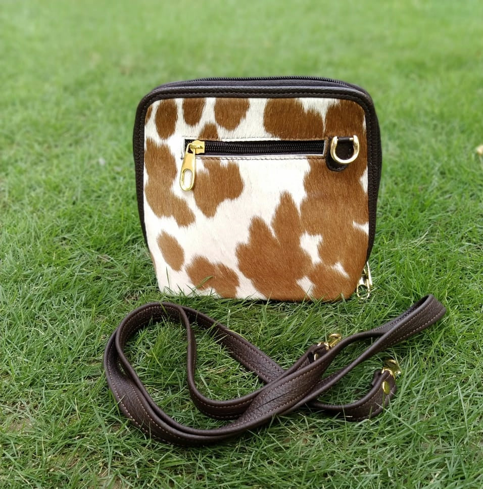 Cowhide fringe Crossbody for night out in brown white