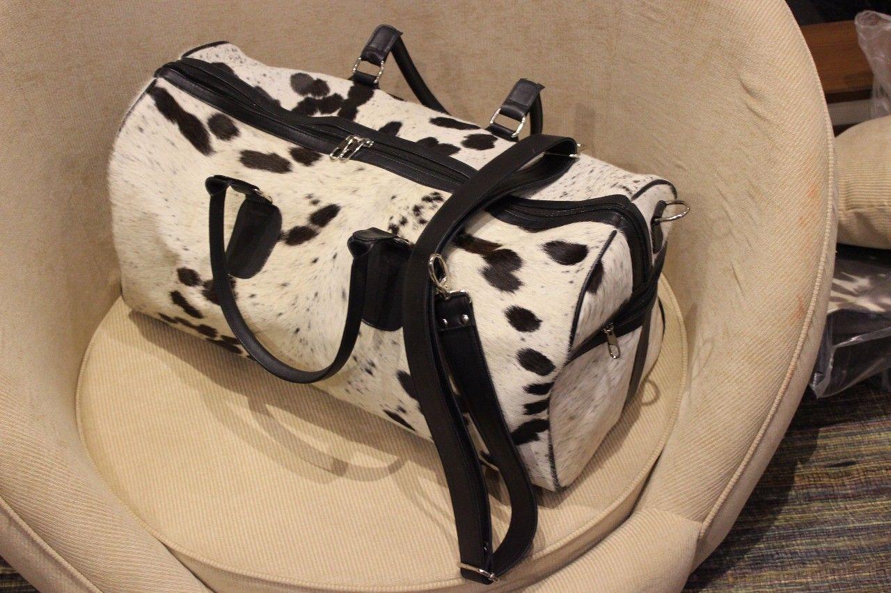 cow fur weekender bag black brown white Black & White