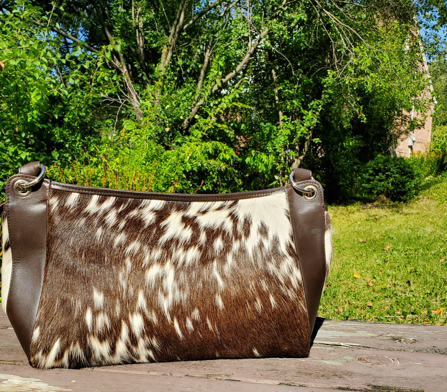 calf hair handbag tricolor black brown white