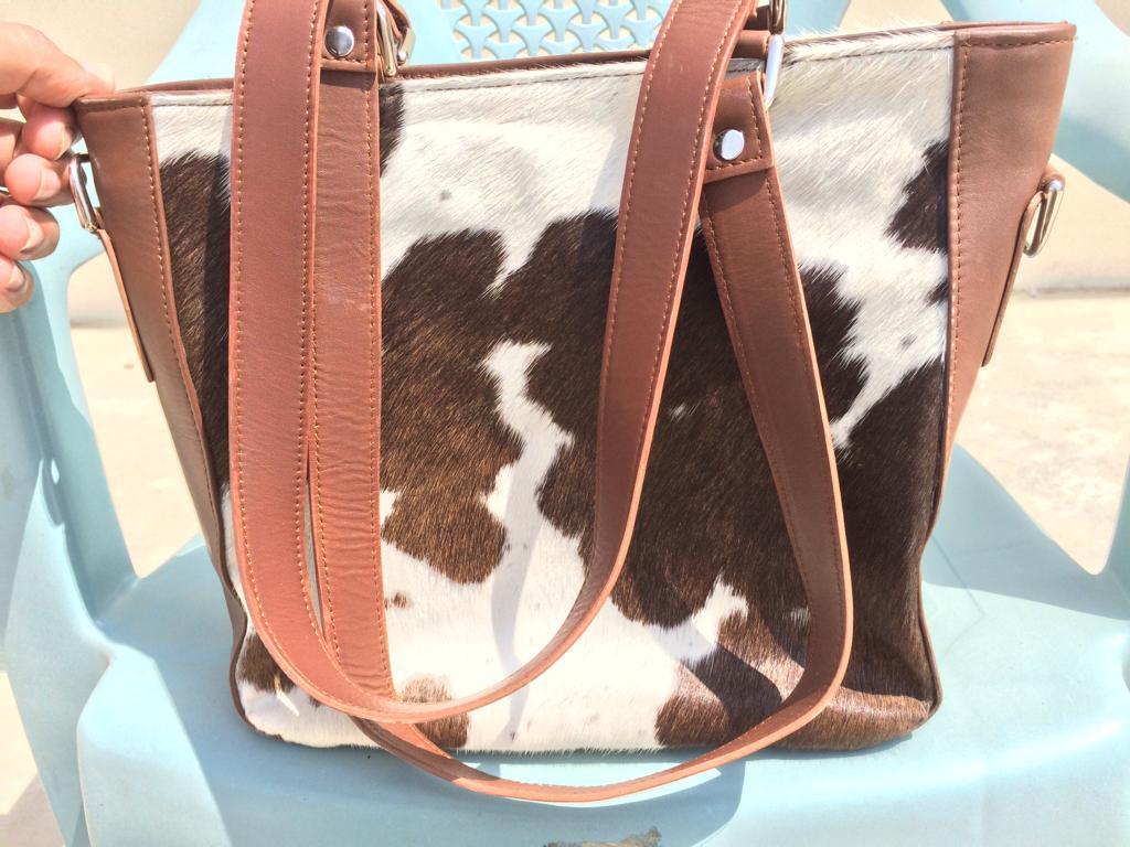 Cowhide Leather Messenger Bag Dark Brown And White