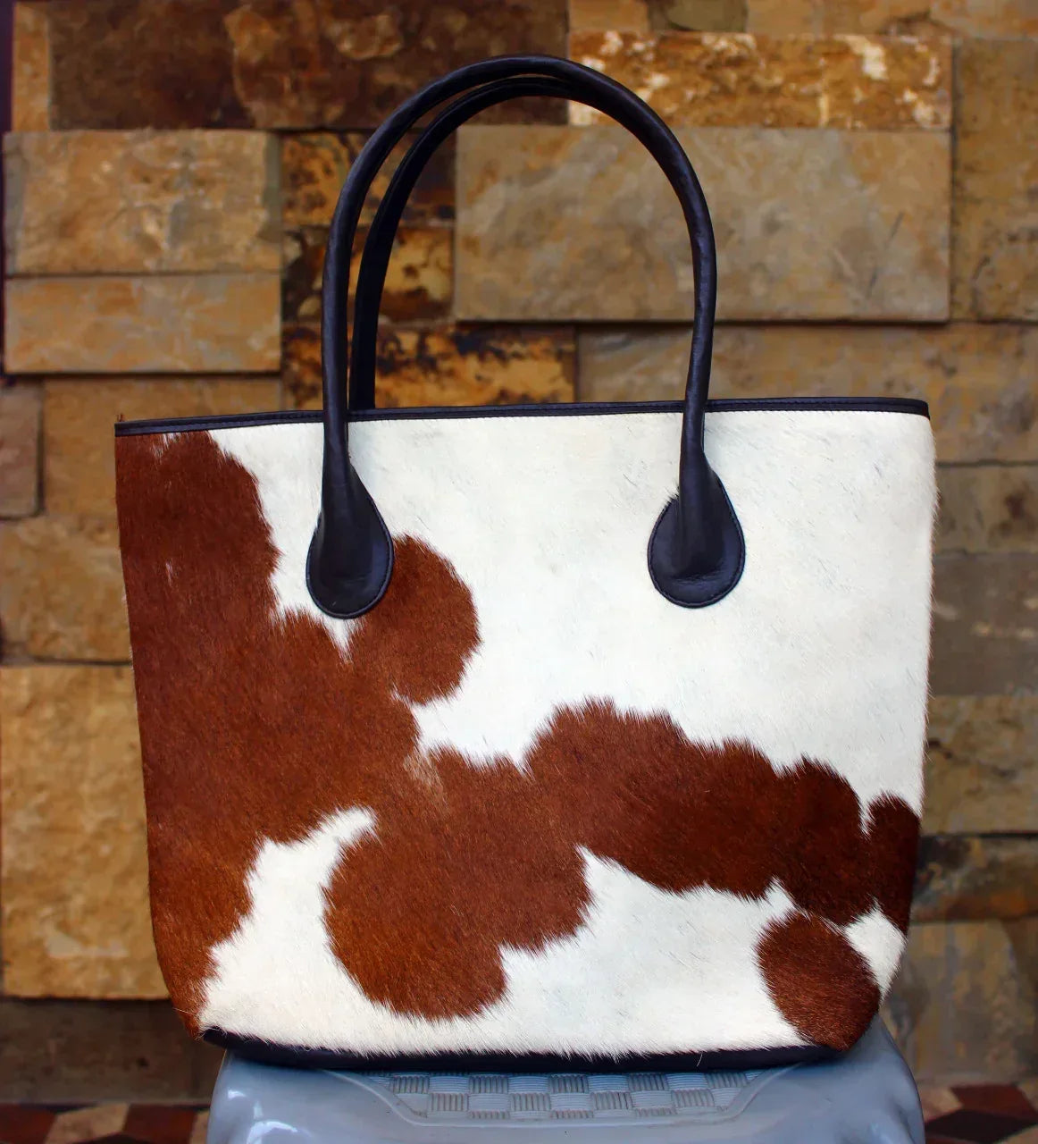 Pony Hair Tote Bag Large Real Brown And White